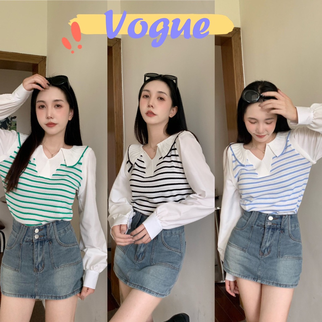 Vogue พร้อมส่ง เสื้อไหมพรมคอปกแขนยาวชีฟอง ดีเทลลายทางน่ารักคิ้วมาก (50055-1)