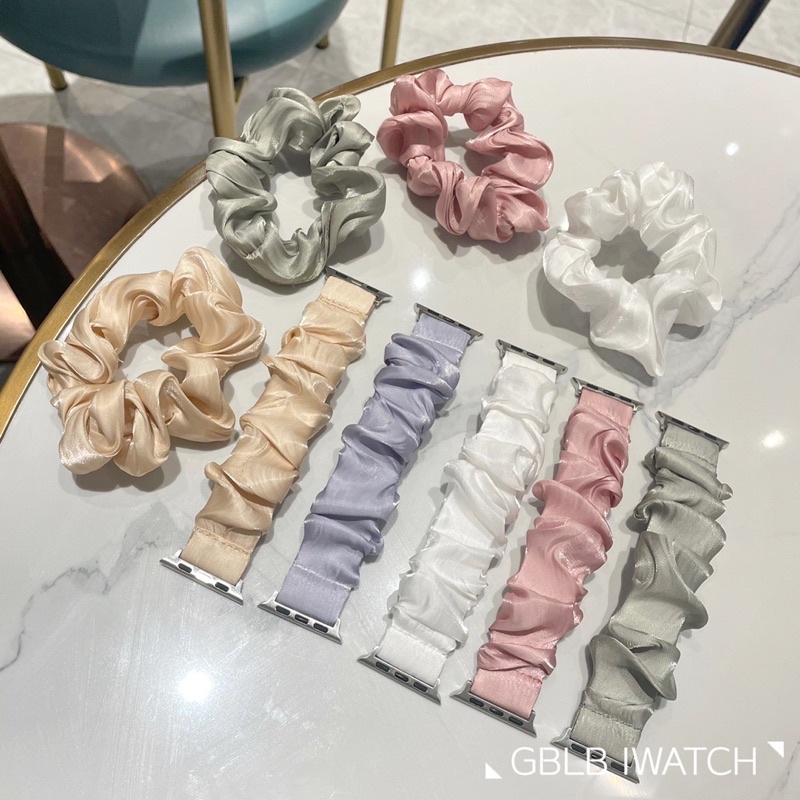 รุ่นใหม่ งาน So Cute สายผ้าซาติน + ที่มัดผม สุดเกร๋ สำหรับ Smart Watch Seties 7 6 5 4 3 2 1 T500 HW2