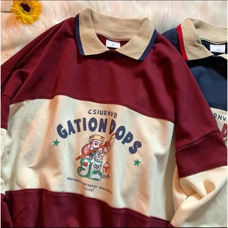 【In stock】2023 Polo shirt Cotton  Japanese wide bear sweater womens tide brand  American vintage old-fashioned