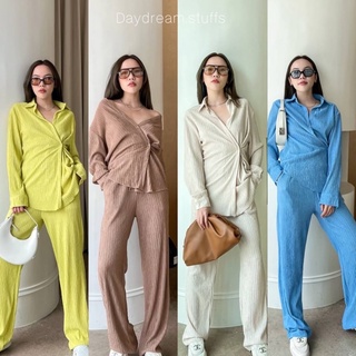 💫พร้อมส่ง💫VIBE - casual basic set เซ็ทเบสิค เชิ้ตติดได้ 2 แบบ ผ้าย่น ยับ กางเกงขายาวเอวสม๊อค เป็นeveryday look