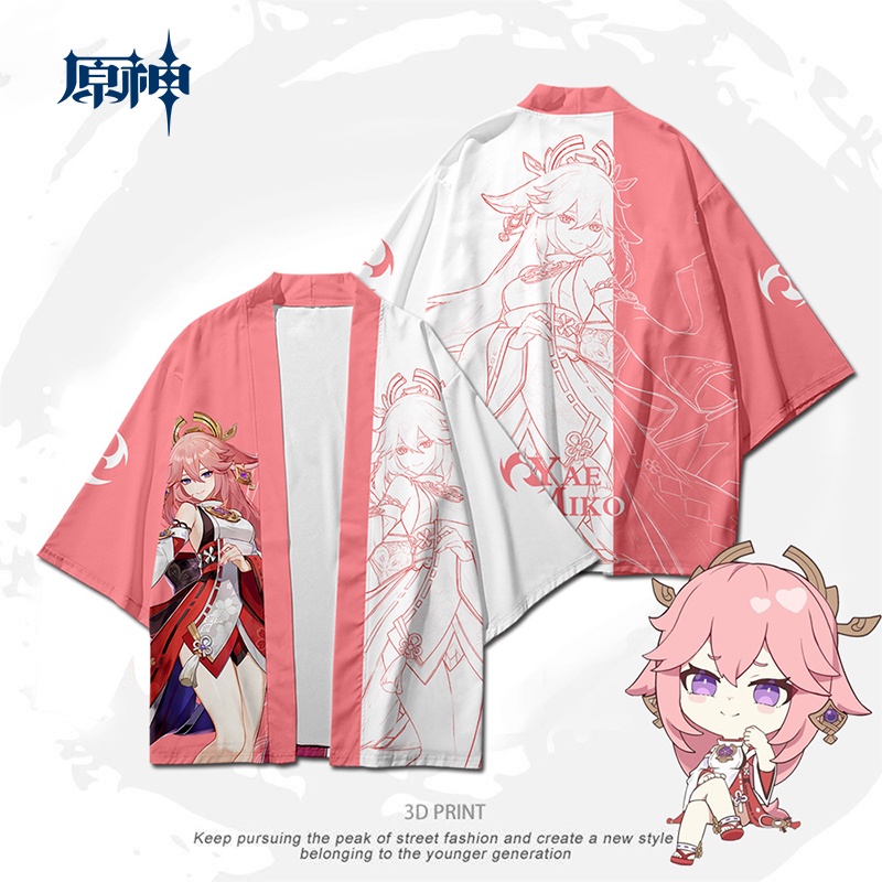 Genshin Impact Yae Miko ชุดกิโมโนคอสเพลย์ แขนสั้น ทรงหลวม พลัสไซซ์ แฟชั่นสําหรับผู้ชาย และผู้หญิง