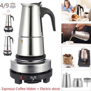 เครื่องชงกาแฟเอสเปรสโซ่ หม้อโมก้า สเตนเลส พร้อมเตาไฟฟ้า และตัวกรอง หม้อต้มกาแฟ แบบพกพา