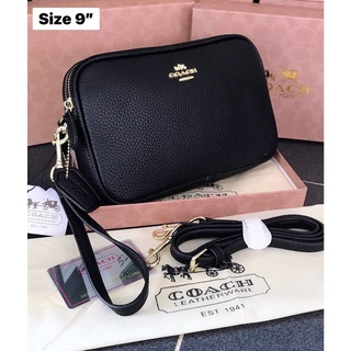 W&amp;H Bag Shop กระเป๋าสะพายข้าง โค้ช งานสีพื้นดำล้วนหนังอย่างดี  มี 2 ช่องซิปใส่ของได้เยอะ ขนาด 8 นิ้ว 9 นิ้ว