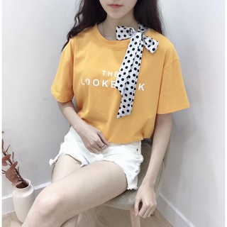 สินค้าขายดี สไตล์เกาหลี เสื้อ oversizeคอกลม เสื้อยืดผู้หญิง เสื้อยืดสีเหลือง มีโบว์ลายจุด lookbook - 1K117