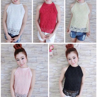 พร้อมส่ง (ดอกไม้)(ดอกไม้)(ดอกไม้)  เสื้อลูกไม้งานสไตส์เกาหลีมีโบว์หลังน่ารักๆไฮโซสุดๆ ใส่แมทช์กับกาง