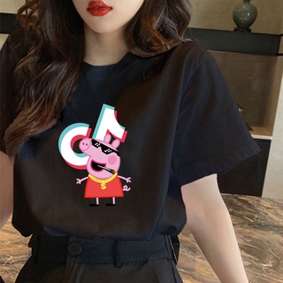 CX คอกลมเกาหลีเสื้อยืดขนาดบวกการ์ตูน Peppa รูปแบบหมูพิมพ์เสื้อยืดผ้าฝ้ายเสื้อยืดขนาดใหญ่สําหรับ ,Op