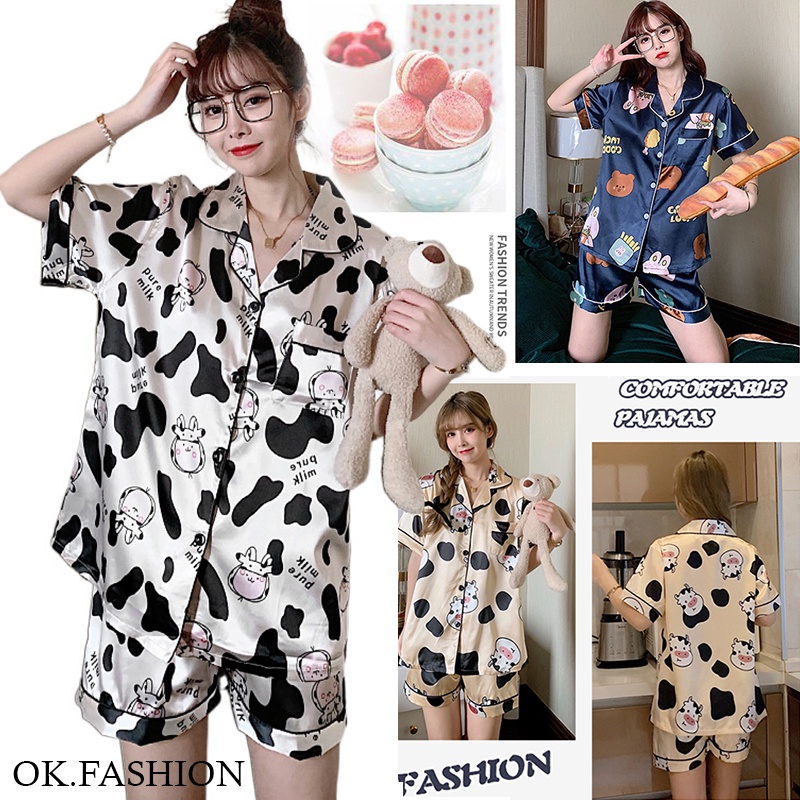 NS31 ชุดนอนผ้าซาติน ลายการ์ตูน น่ารักๆ ชุดนอนหญิง รอบอก 32-40 นิ้ว เสื้อแขนสั้น+กางเกงขาสั้น ชุดนอน 