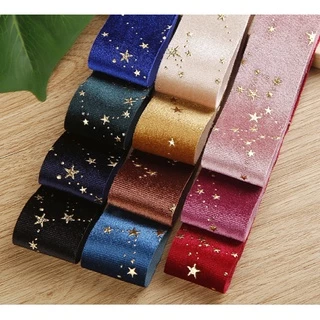พร้อมส่ง ริบบิ้นผ้า ริบบิ้นผ้ากำมะหยี่ พิมพ์ลายดาวทอง ริบบิ้นผ้าเกาหลี(ขายเป็นหลา)