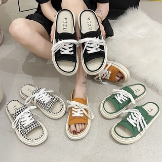 รองเท้าผ้าใบ รองเท้าผ้าใบแตะเปิดเท้า  เกาหลีรุ่นใหม่ พื้นหนา3CM YiZu002