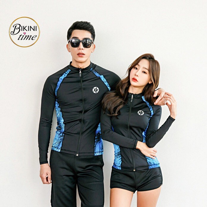 🏖BikiniTime (L-3XL) SB241 ชุดว่ายน้ำคู่ สีดำ-ขาว ชุดดำน้ำ แขนยาวขายาวกันยูวี ชุดเที่ยวทะเล