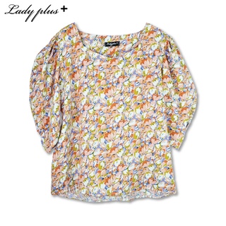 Lady Plus เสื้อคอเหลี่ยมลายดอกไม้ | Square Shape Neck Floral Blouse เสื้อแขนสั้น สีส้ม