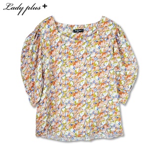 Lady Plus เสื้อคอเหลี่ยมลายดอกไม้ | Square Shape Neck Floral Blouse เสื้อแขนสั้น สีส้ม