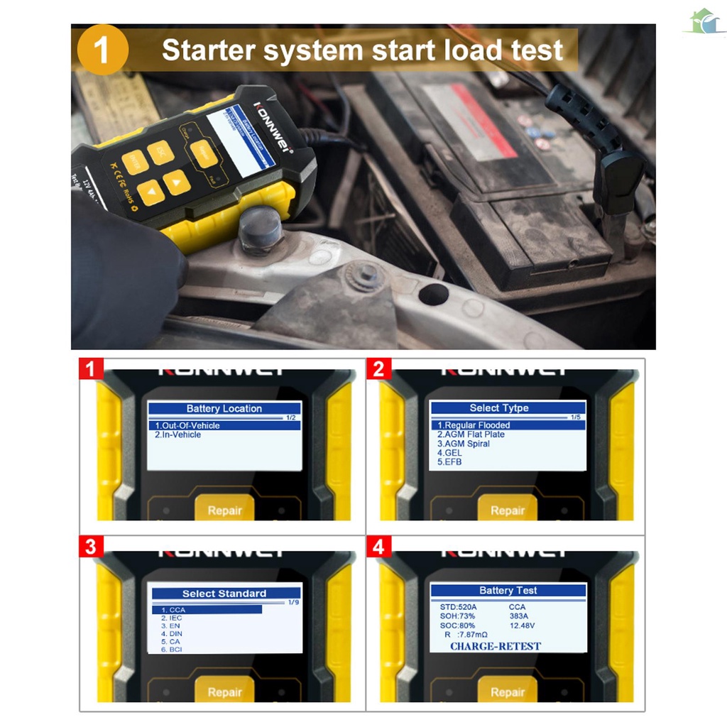 Kw510 เครื่องทดสอบแบตเตอรี่รถยนต์มัลติฟังก์ชั่นอุปกรณ์ซ่อมแบตเตอรี่ ...