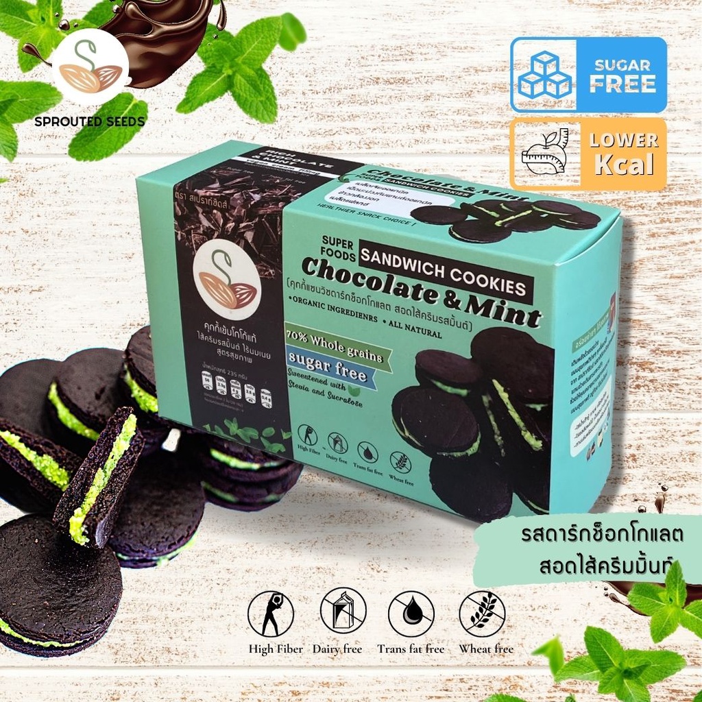 คุกกี้แซนวิชรสดาร์กช็อกโกแลต สอดไส้ครีมรสมิ้นต์ Chocolate & Mint sandwich cookies ขนมคลีน แคลอรี่ต่ำ (กล่อง)