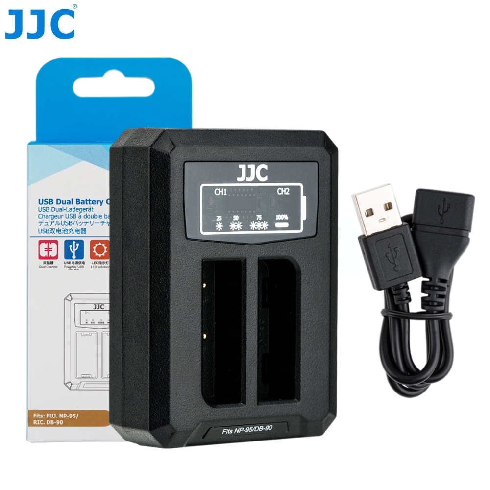 JJC ที่ชาร์จแบตเตอรี่กล้อง USB ช่องคู่ อุปกรณ์เสริม สําหรับ Fujifilm NP-95 & Ricoh DB-90 Fuji Fujifi