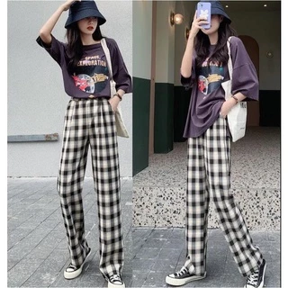 🚀ถูกที่สุด 30สี กางเกงลายสก็อต สไตล์เกาหลี ผู้หญิงเอวสูงยางยืด โอเวอร์ไซต์ทรงกระบอก #355