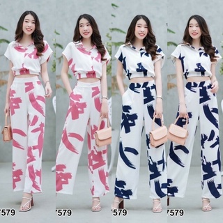 🌸🌺Set 2 ชิ้น เสื้อครอปปกเชิ้ต พิมลาย + กางเกงขายาวพิมลาย17579