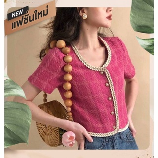 5504#🪴เสื้อครอป ผ้าทวีต  แขนสั้น  แต่งดีเทล