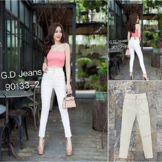 G.D.Jeans รุ่น 90133-2#กางเกงขายาวผ้าลูกฟูกผ้ายืดเอวสูงทรงกระบอกเล็กสีขาวเปิดกระดุมทองหน้าสองเม็ดแบบเก๋ๆ