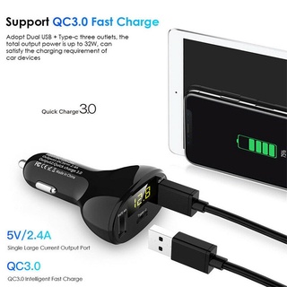 ที่ชาร์จแบตในรถ QC 3.0 ชาร์จเร็ว 3 พอร์ต USB Type C ที่ชาร์จแบตในรถเร็ว LED Voltmete