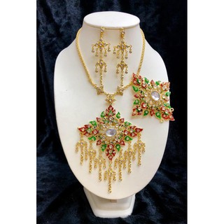 March Jewelry สร้อยคอชุดเครื่องประดับไทยพ สีทองสร้อยคอลงยา ต่างหูคลิป หัวเข็มขัด