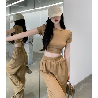 [two piece set] เสื้อยืดแขนสั้นรัดรูปเปิดหลัง + กางเกงขายาวเอวสูงขากว้างลำลองกีฬาชุดสูทสองชิ้น