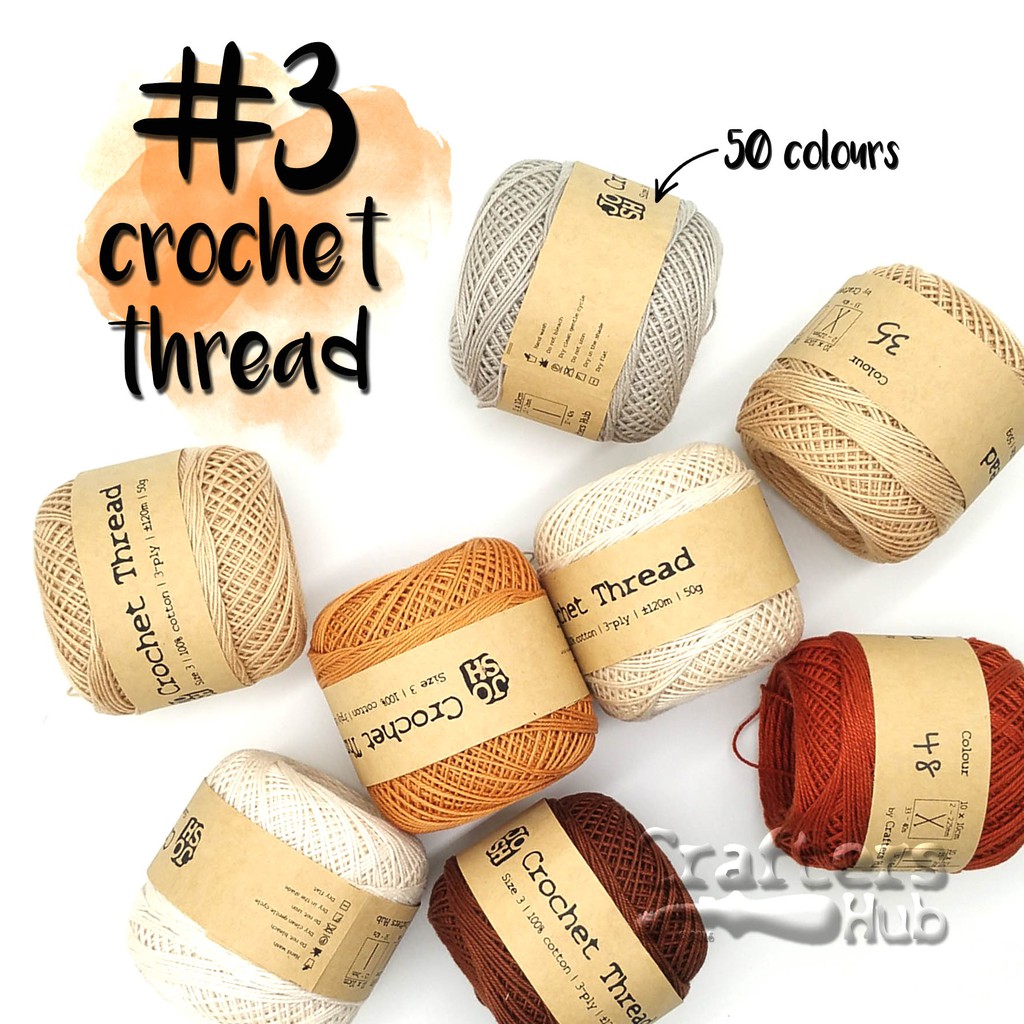 ด้ายโครเชต์ขนาด 3 (50g/roll, ~120m/roll, ~1mm thk, fingering wt, ตะขอ 1.5-3.5mm, คอตตอน 100%)