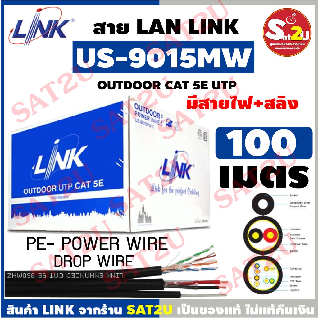 Link US-9015MW-1 CAT5E ไฟ+สลิง 100 เมตร ภายนอก outdoor สีดำ พร้อมกล่องสำหรับดึงสายง่าย พร้อมส่ง ส่งไ