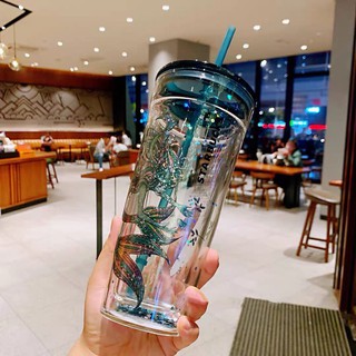 แก้ว Starbucks Cup Starbucks 2021 Mermaid Glass Straw Cups Creative Double