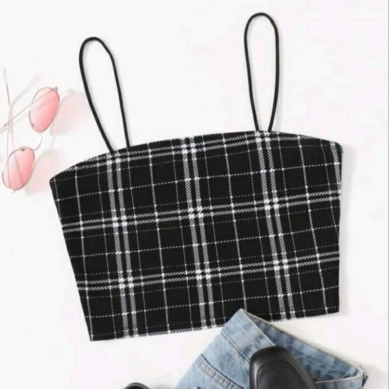 SHEIN(ชีอิน) พร้อมส่ง 🍑 เสื้อครอป/สายเดี่ยว ลายตารางสีดำ มีไซส์สาวอวบ พลัสไซส์ XL เสื้อผ้าผู้หญิง( K