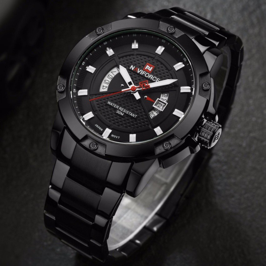naviforce watch แท้ นาฬิกาข้อมือ สายแสตลเลสดำ รุ่น NF9085-BBLA กันน้ำได้ หน้าปัดดำ