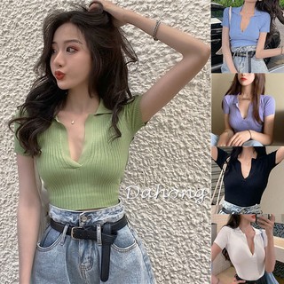 Shein 🔥  เสื้อครอปผู้หญิง เสื้อครอปครึ่งตัว อกV น่ารักมากอผ้าคัตตอน Crop top เสื้อครอปแขนสั้น 3008