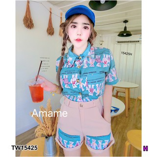 PP15425 Set 2 ชิ้น เสื้อเชิ้ตลายหมี + กางเกงขาสั้น