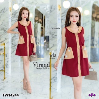 14244 Dress เดรส คอบัว กระเป๋าหน้า Dress, lotus neck, front pocket