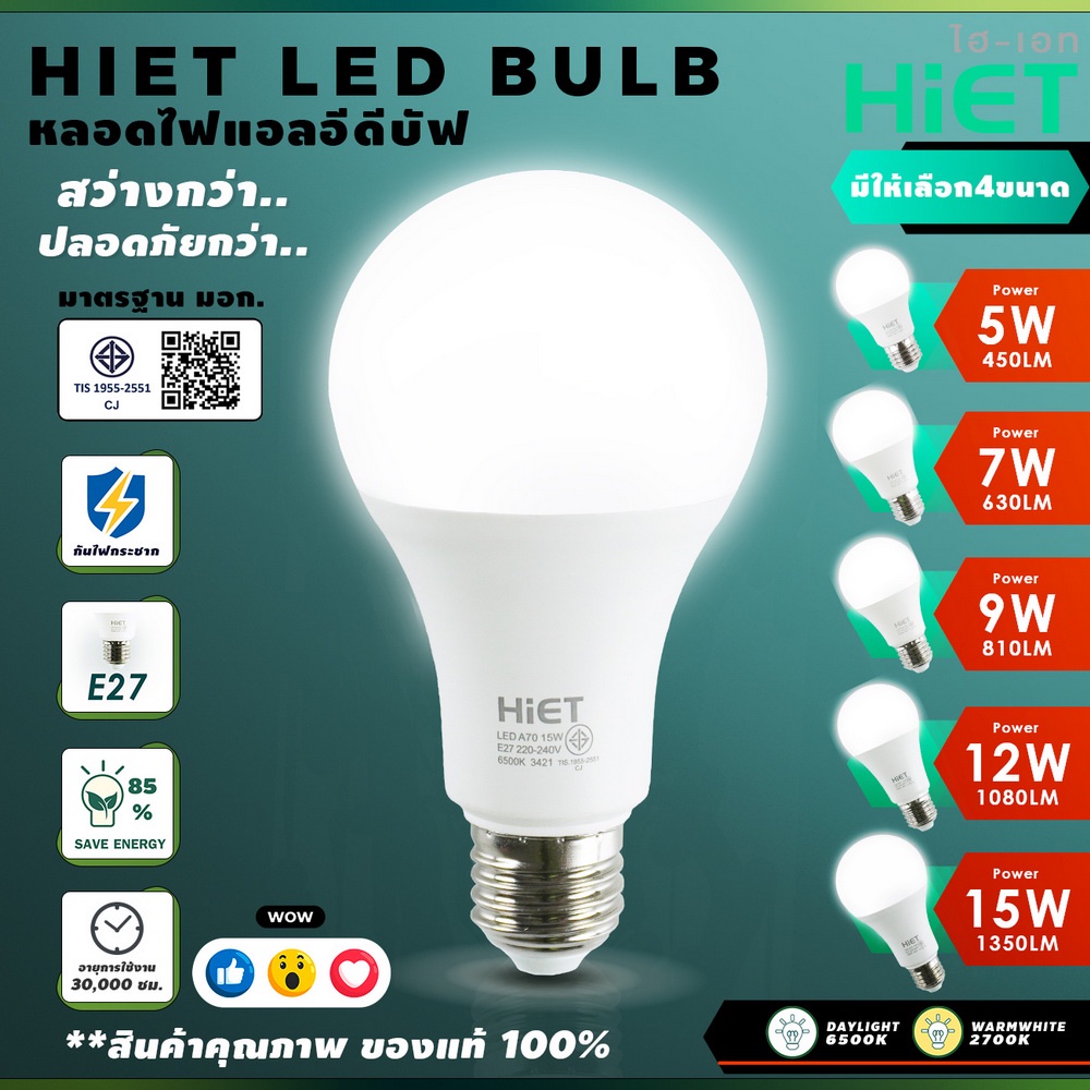 HIET LED BULB หลอดไฟบัฟ LED ขั้ว E27 5W 7W 9W 12W 15W แสงขาว แสงวอร์ม
