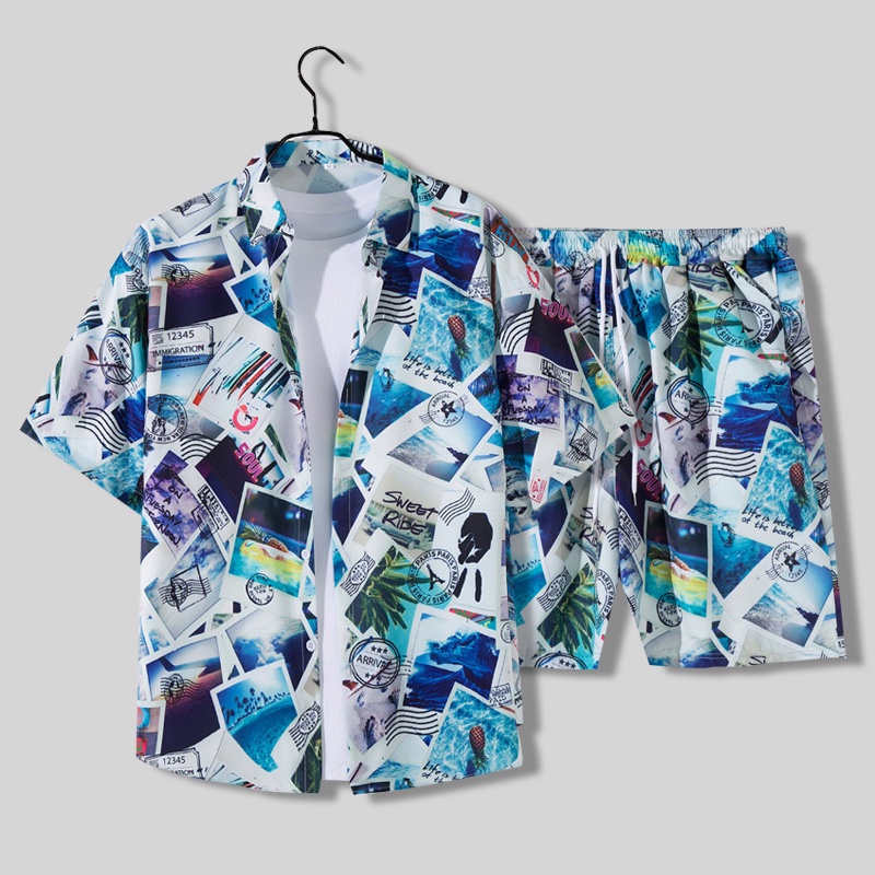 เสื้อเชิ้ตแขนสั้น และกางเกงฮาวาย ทรงหลวม ลายดอกไม้ เหมาะกับเดินชายหาด สไตล์ฮาวาย สําหรับผู้ชาย