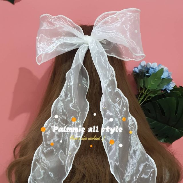 กิ๊บโบว์หางยาว โครตใหญ่ รุ่นนี้ใหญ่สะใจอีกเช่นเคยจ้า เป็นผ้าแก้วซีทรูประดับมุกน่ารักมากจ้า แค่ใส่ก็ฟินแล้ว