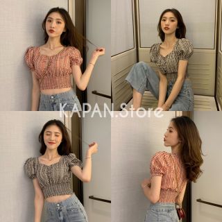 KAPAN 🌸พร้อมส่ง🌸 เสื้อครอป แขนตุ๊กตา สม็อคเอว ลายสก็อต มี2สี แดง,ดำ ฟรีไซส์ เสื้อสไตล์เกาหลี KP3