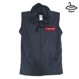 เสื้อแขนกุดผู้ชายมีฮูดสีเทาดำลาย supreme มีซิปหน้า Freesize F1Cs01-0584