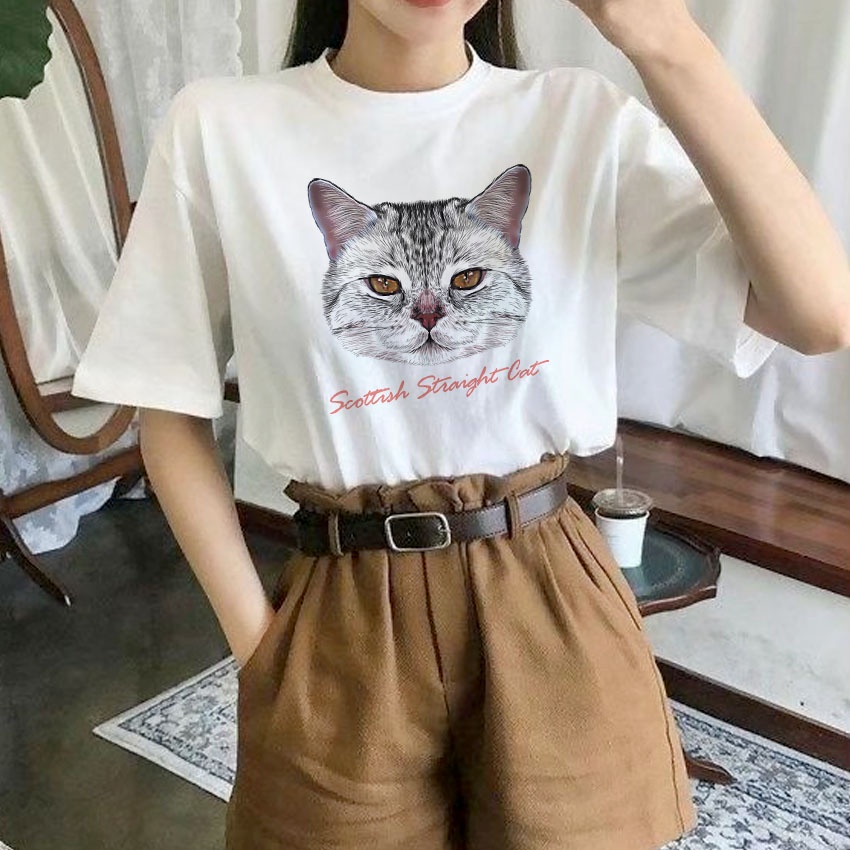 Moilz Casual เสื้อลายแมว แฟชั่น ยืดเกาหลี ทาสแมว ลายสัตว์ - รูปที่ 4