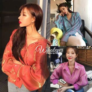 เสื้อเชิ้ต แขนยาว สีเหลือบ ทรงโอเวอร์ไซส์ สวยเก๋ เกาหลีมากค่า งาน Whatever