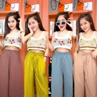 Set2pcs.  เสื้อไหมพรมถักดอก2สีจี๊ด+ กางเกงขาบาน เอวยืด มีกระเป๋าข้าง งานสวยมากกก คุ้มสุด