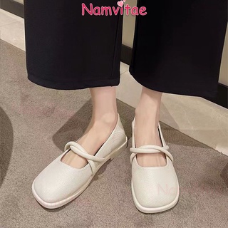 Namvitae รองเท้าแมรี่เจน หนังนิ่ม หัวกลม ส้นแบน ใส่สบาย สไตล์วินเทจ สําหรับผู้หญิง