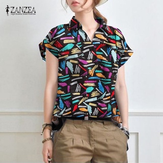 Zanzea เสื้อเบลาส์ คอปก แขนสั้น พิมพ์ลาย หรูหรา สําหรับผู้หญิง