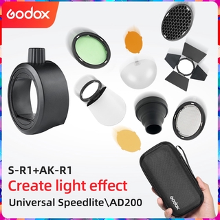 Godox AK-R1 + S-R1 Barn Door, Snoot, Color Filter, Reflector, Honeycomb, Diffuser Ball Kits for Godox AD200 H200R V1 Flash Head