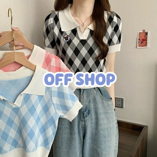 OFF SHOP พร้อมส่ง (OFF-45608)   เสื้อไหมพรมแขนสั้น คอปกสีพาสเทล น่ารักสไตล์เกาหลีตารางใหญ่ -C