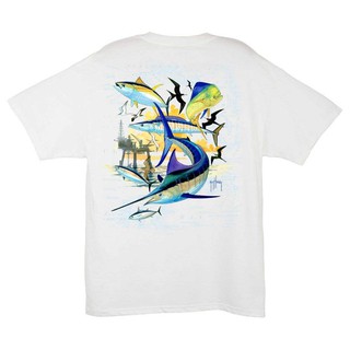 T-shirt เสื้อยืด ผ้าฝ้าย 100% พิมพ์ลาย Guy Harvey Oil Rig Collage สําหรับผู้ชาย S-5XL