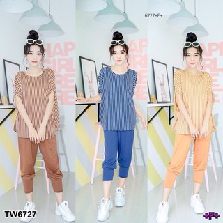 (6727) Set 2ชิ้น เสื้อลายริ้วแขนกุด ไหล่ล้ำ มาพร้อมกางเกงขายาว