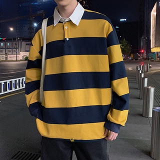 เสื้อโปโลแขนยาว ลายทาง ทรงหลวม แฟชั่นสําหรับผู้ชาย