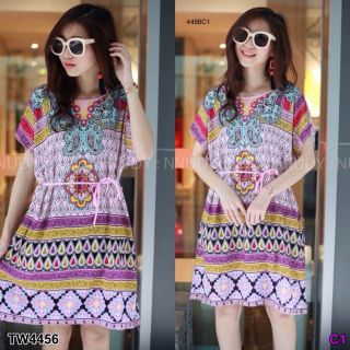 TW4456 Drees ทรงโอเวอร์ไซส์ งานผ้าสปันพิมพ์ลายโบฮีเมี่ยน + สายผูกเอวสีดำลูกพู่
